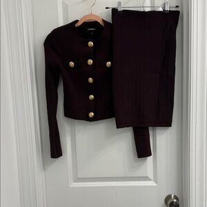 Express Deep Burgundy Cardigan and Skirt Set with Gold Buttons